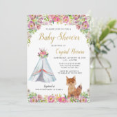 Boho Chic Floral Fox Teepee Tribal Baby shower Kaart (Staand voorkant)