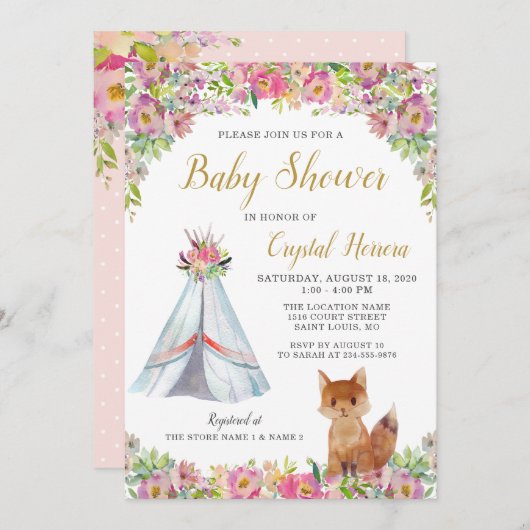 Boho Chic Floral Fox Teepee Tribal Baby shower Kaart (Voorkant / Achterkant)