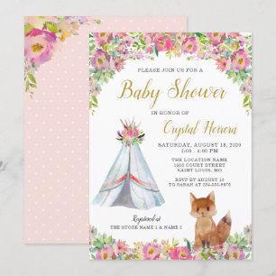 Boho Chic Floral Fox Teepee Tribal Baby shower Kaart