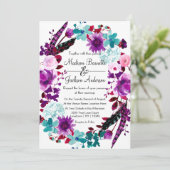 Boho Chic Floral krans Paarse bruiloft uitnodiging (Staand voorkant)