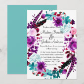 Boho Chic Floral krans Paarse bruiloft uitnodiging (Voorkant / Achterkant)