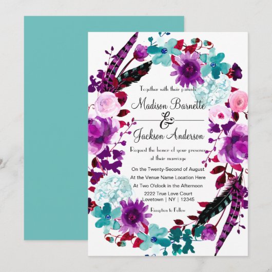 Boho Chic Floral krans Paarse bruiloft uitnodiging (Voorkant / Achterkant)
