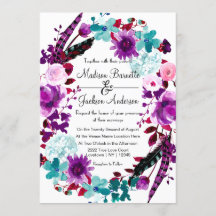 Boho Chic Floral krans Paarse bruiloft uitnodiging