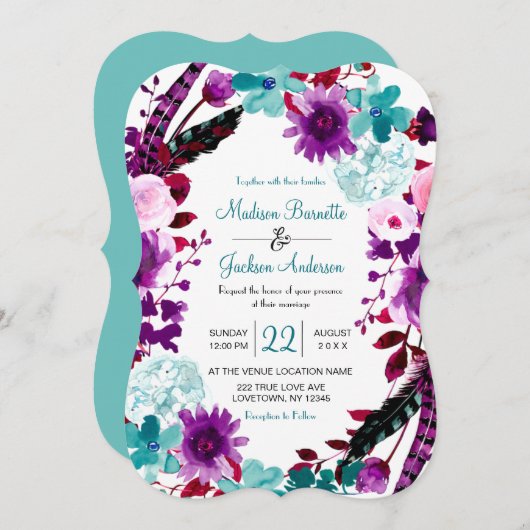 Boho Chic Floral krans Paarse bruiloft uitnodiging (Voorkant / Achterkant)