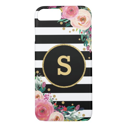 Boho Chic Floral Monogram Black Gold iPhone 7 Hoes (Achterkant)