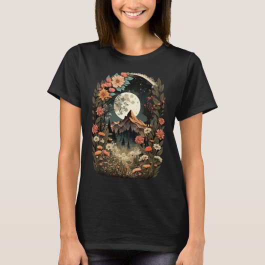 Boho Chic Floral Moon Mountain Forest Nature Retro T-shirt (Voorkant)