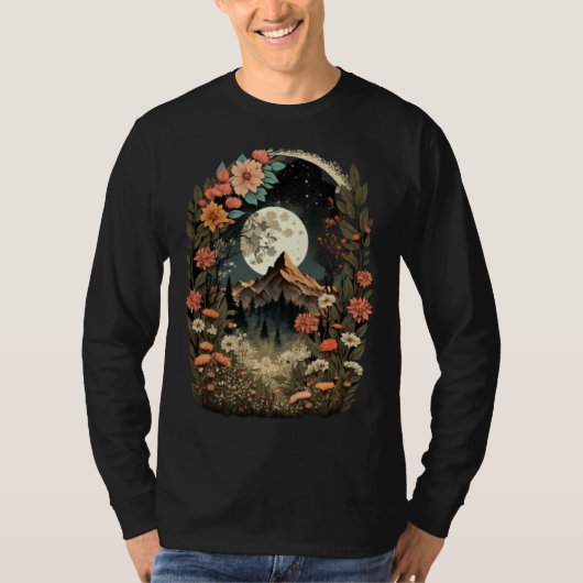 Boho Chic Floral Moon Mountain Forest Nature Retro T-shirt (Voorkant)