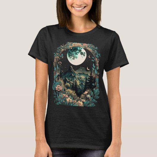 Boho Chic Floral Moon Mountain Forest Natuur Retro T-shirt (Voorkant)