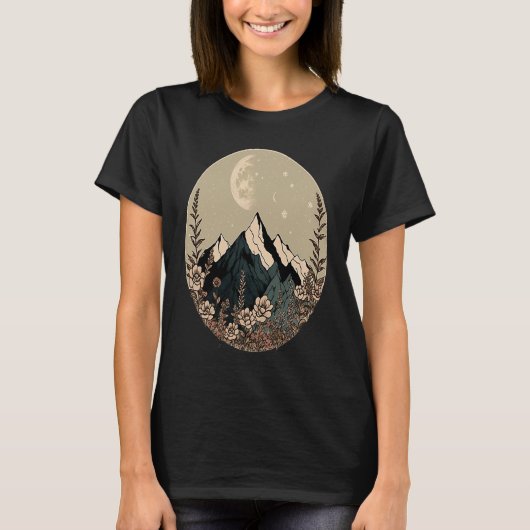 Boho Chic Floral Moon Mountain T-shirt (Voorkant)