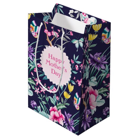 Boho Chic Floral Pattern | Navy Blue Moederdag Medium Cadeauzakje (Voorkant Gekanteld)
