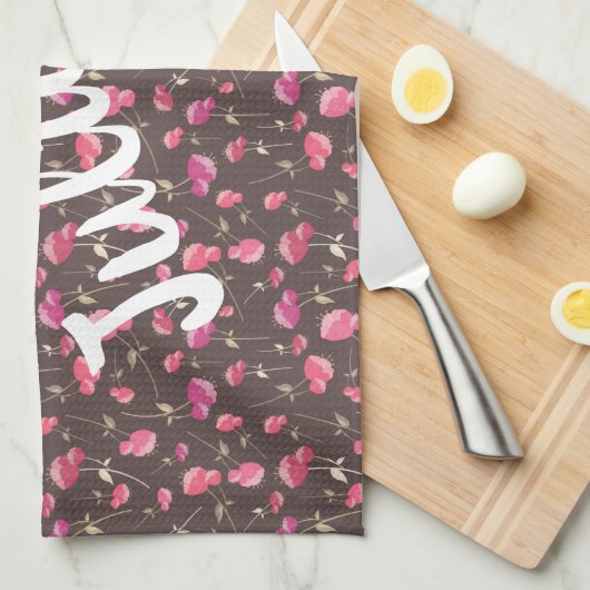 Boho Chic Floral Pattern Pink Brown gepersonalisee Theedoek (Quarter Fold)