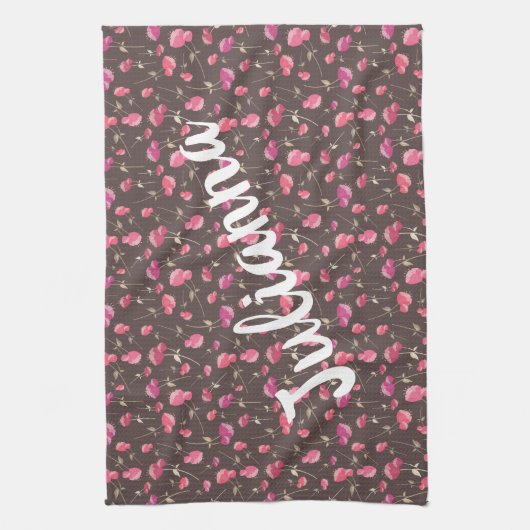 Boho Chic Floral Pattern Pink Brown gepersonalisee Theedoek (Verticaal)