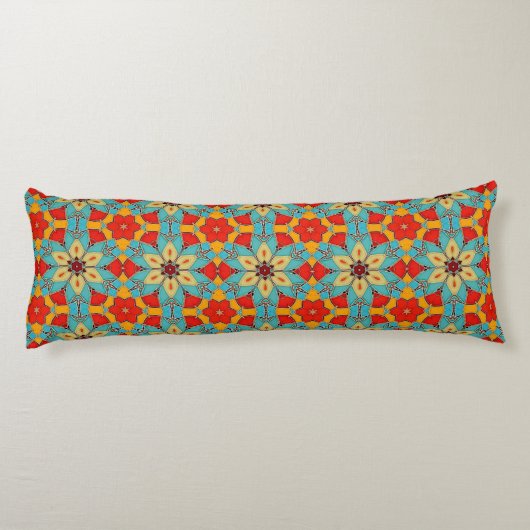 Boho Chic Floral Pattern - Turquoise Oranje Red Lichaamskussen (Achterkant)