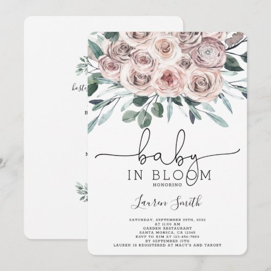 Boho chic floral roos Baby shower Kaart (Voorkant / Achterkant)
