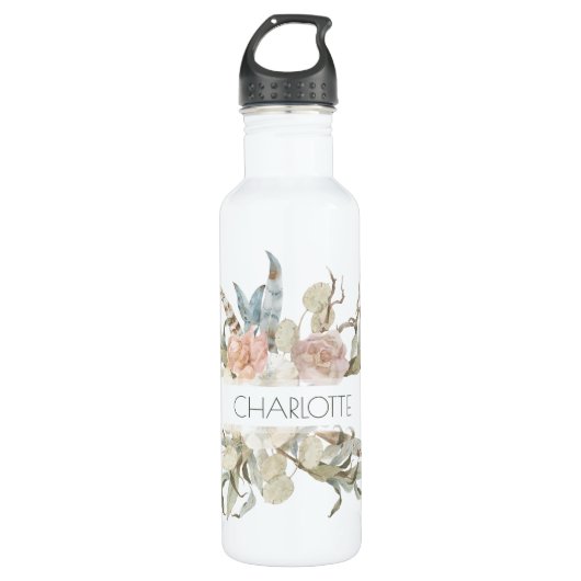 Boho Chic Floral Waterverf Gepersonaliseerde naam Waterfles (Voorkant)