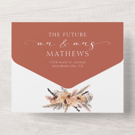 Boho Chic Floral Waterverf Terracotta Wedding All In One Uitnodiging (Achterkant)