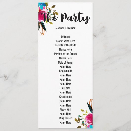 Boho Chic Floral Waterverf Trouwprogramma Programmakaart (Achterkant)