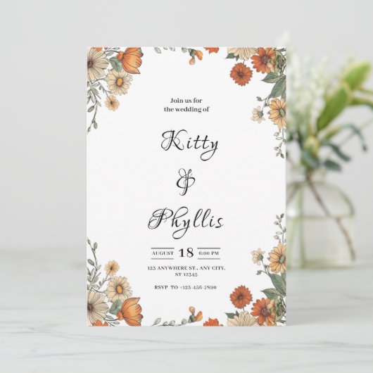 Boho Chic Floral Wedding Invitation Kaart (Staand voorkant)