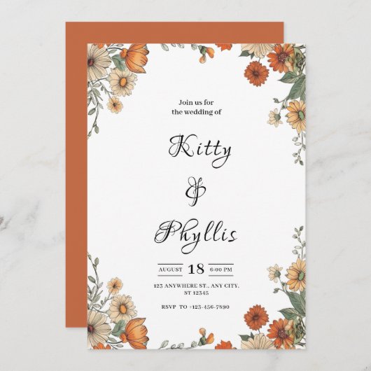 Boho Chic Floral Wedding Invitation Kaart (Voorkant / Achterkant)