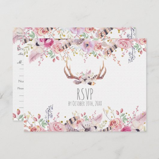 Boho Chic Flowers Deer Antlers Rustieke bruiloft R Uitnodiging Briefkaart (Voorkant / Achterkant)