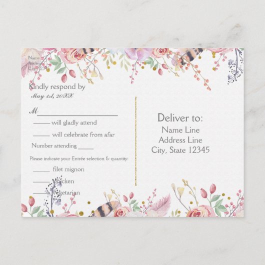 Boho Chic Flowers Deer Antlers Rustieke bruiloft R Uitnodiging Briefkaart (Achterkant)