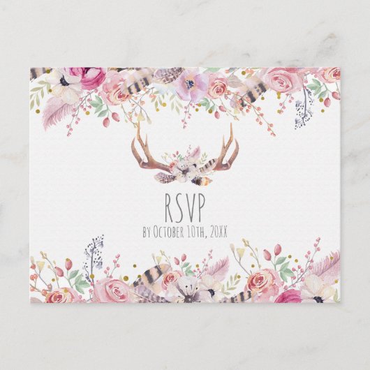 Boho Chic Flowers Deer Antlers Rustieke bruiloft R Uitnodiging Briefkaart (Voorkant)