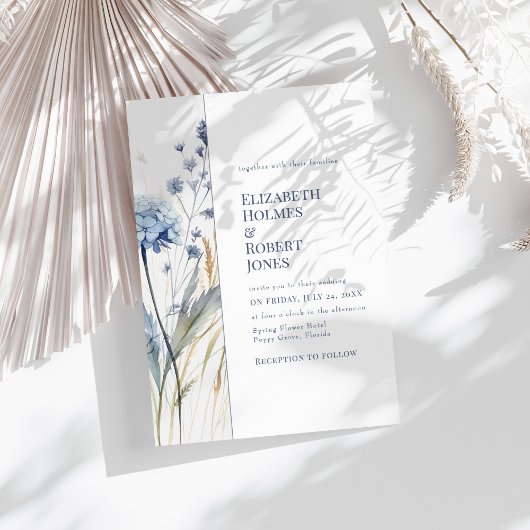 Boho Chic Franse Blauwe Wilde Bloemen Wedding Kaart