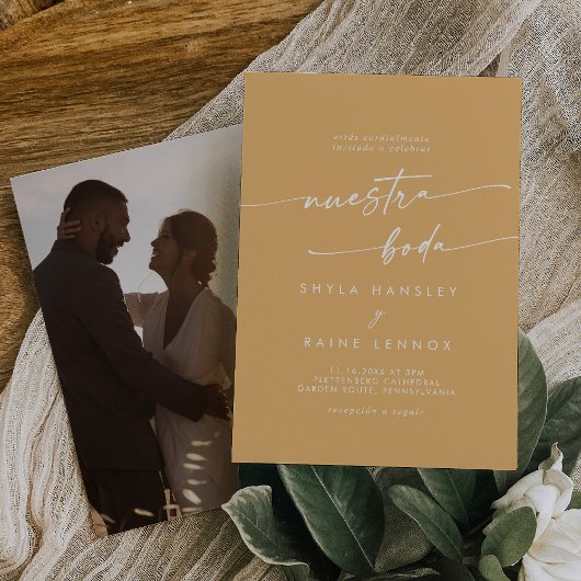 Boho chic geel goudsbloem foto Spaans bruiloft Kaart