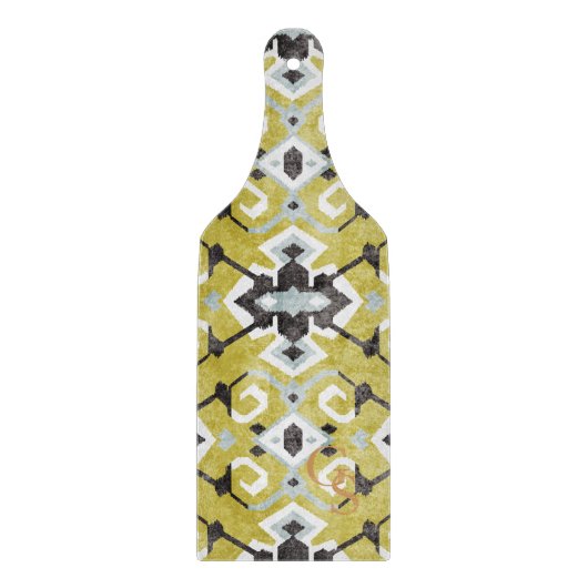 Boho chic gele ikat stamlijnpatroon monogram snijplank (Voorkant)