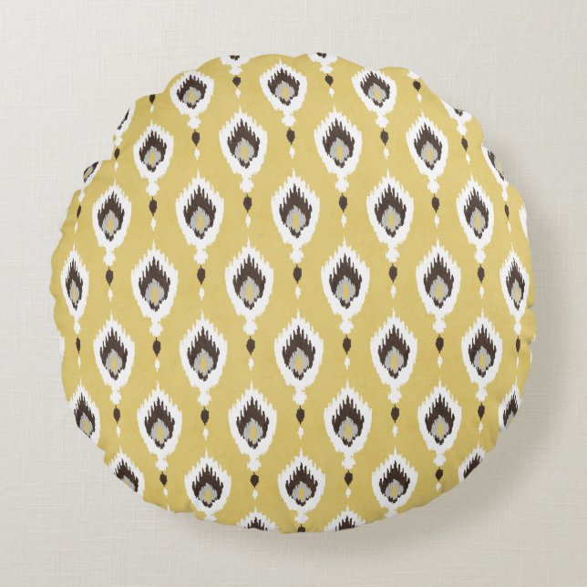 Boho chic gele ikat stammesjabloon monogram rond kussen (Voorkant)