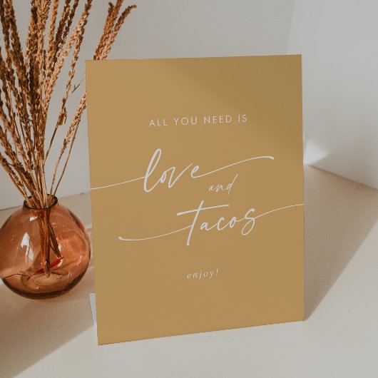Boho Chic Gele Marigold Love Taco Bar Trouwen Reclamebord Met Voetstuk