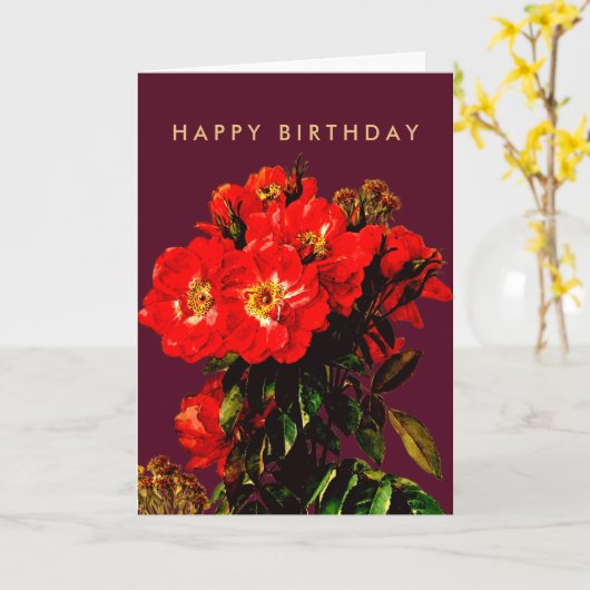 Boho Chic Gelukkige Verjaardag Rode Rozen Bourgond Kaart (Gele Bloem)