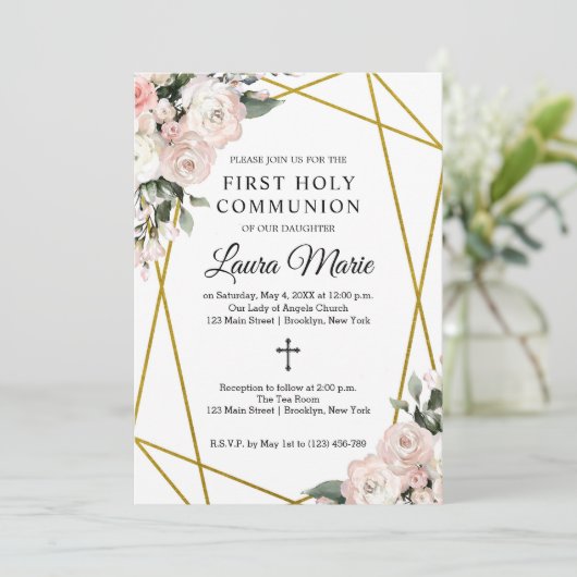 Boho Chic Geometric Florals First Heilige Communie Kaart (Staand voorkant)