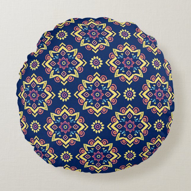 Boho Chic geometrisch bloemenpatroon Rond Kussen (Voorkant)