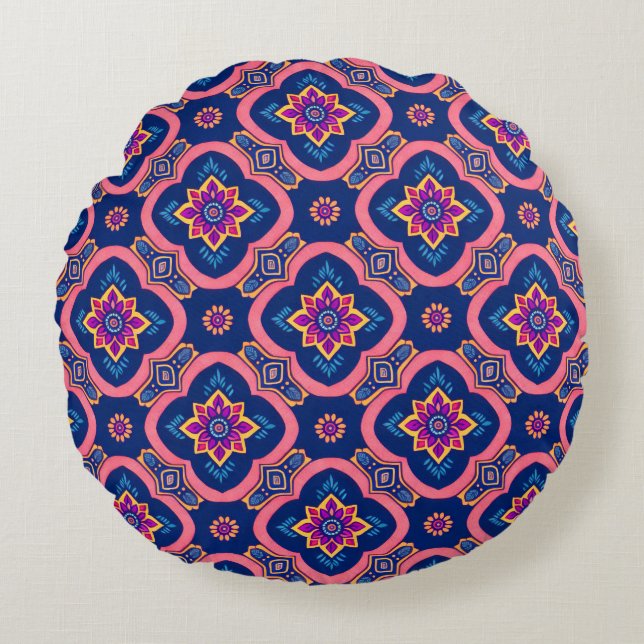 Boho Chic geometrisch bloemenpatroon Rond Kussen (Voorkant)
