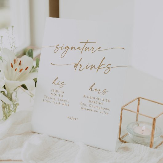 Boho Chic Gold en White Wedding Signature Drinken Reclamebord Met Voetstuk