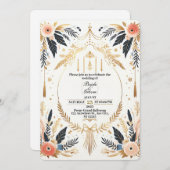 Boho Chic Gold & Floral Uitnodiging voor het Huwel (Voorkant / Achterkant)