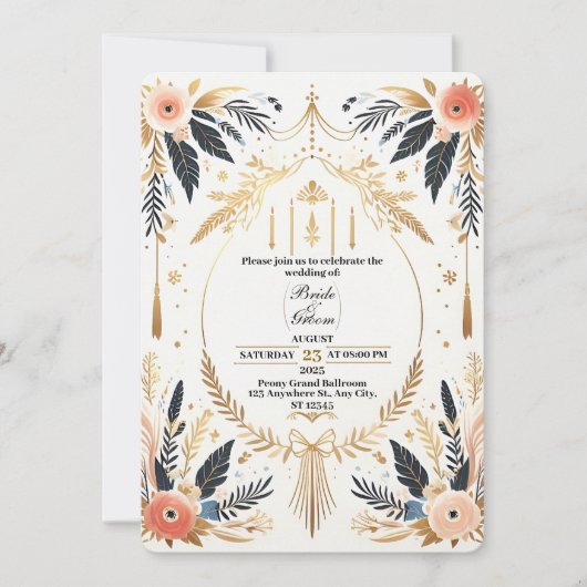 Boho Chic Gold & Floral Uitnodiging voor het Huwel (Voorkant)