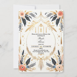 Boho Chic Gouden & Bloemige Trouw Uitnodiging