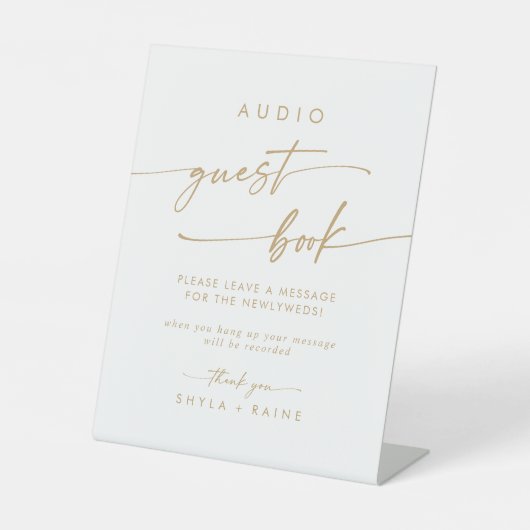 Boho Chic Gouden en Witte Audio Gastensignatie Bru Reclamebord Met Voetstuk (Voorkant)