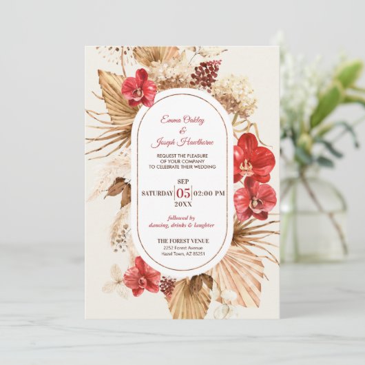 Boho chic gouden Lijst rode orchidee val bruiloft Kaart (Staand voorkant)