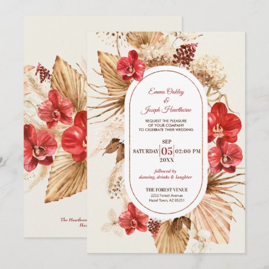 Boho chic gouden Lijst rode orchidee val bruiloft Kaart (Voorkant / Achterkant)