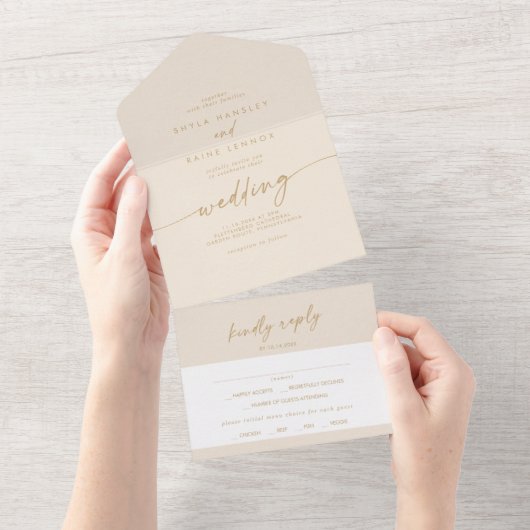 Boho Chic Gouden Maaltijd Keuze RSVP Bruiloft All In One Uitnodiging (Afscheurbaar)