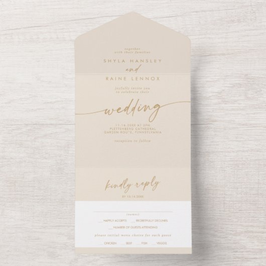Boho Chic Gouden Maaltijd Keuze RSVP Bruiloft All In One Uitnodiging (Binnen)