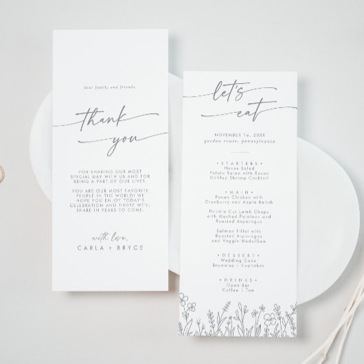 Boho Chic Gray Wildflower Thank You and Wedding Menu
