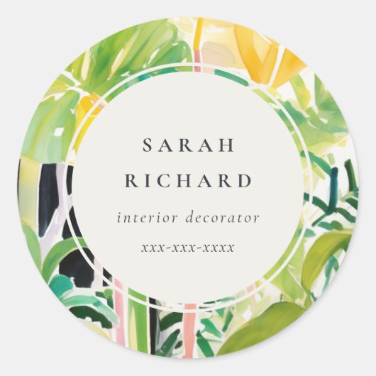Boho Chic Green Tropical Leafy Foliage Botanical Ronde Sticker (Voorkant)