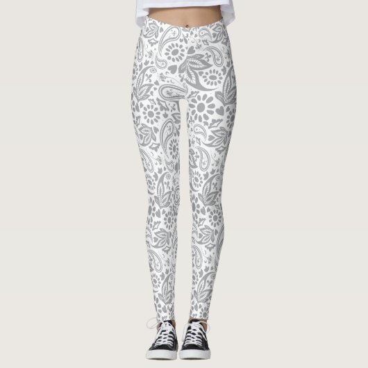 Boho Chic Grey White Stylish Gypsy Patterned Leggings (Voorkant)