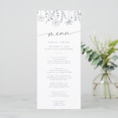 Boho Chic Grijs en Witte Wilde Bloem Bruiloft Menu (Staand voorkant)