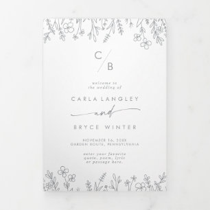Boho Chic Grijze Wilde Bloem Monogram Bruiloft Drieluik Programma