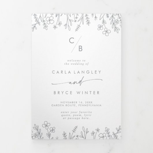 Boho Chic Grijze Wilde Bloem Monogram Bruiloft Drieluik Programma (Cover)